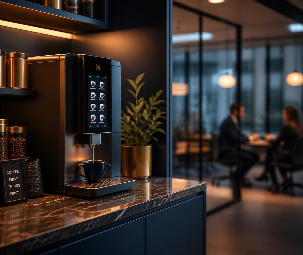 Premium office coffee station with a sleek vending machine on a marble counter