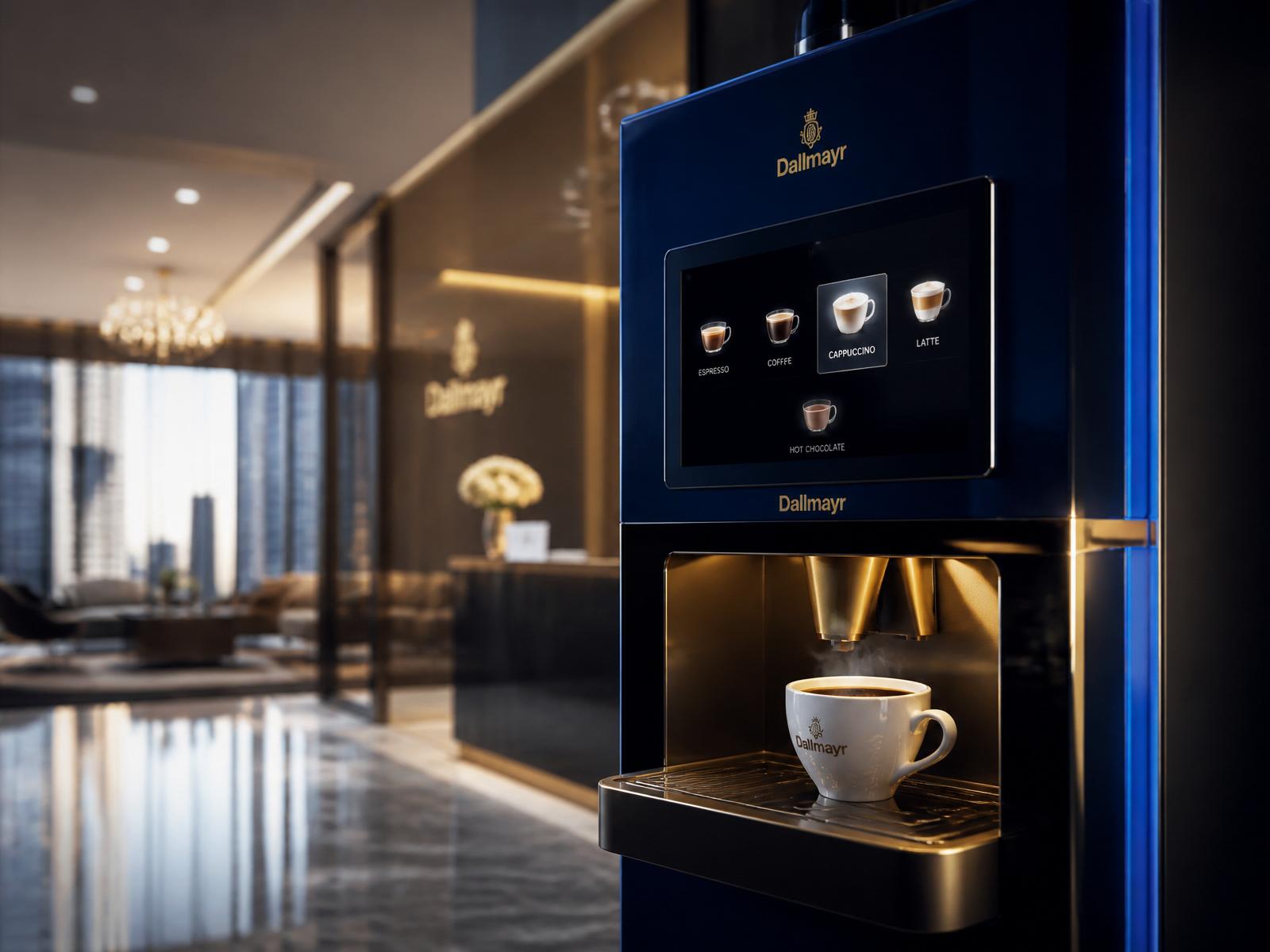 Modern premium coffee vending machine dispensing a fresh cup of coffee in a corporate lobby